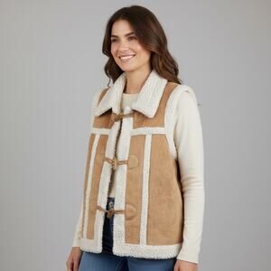 Designers Originals Faux Shearling Vest Petite Large Tan Toggle Sherpa Boho